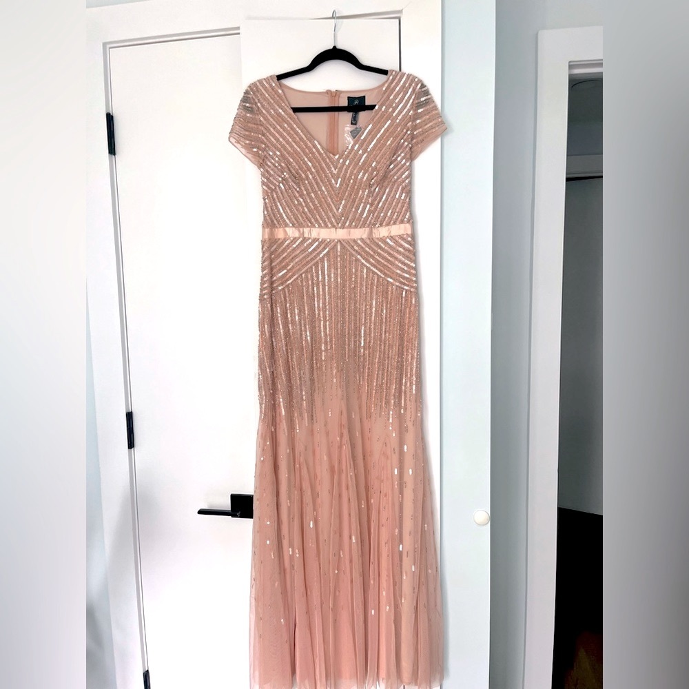 Adrianna Papell Long Beaded V-Neck Dress with Cap Sleeves in Blush (NWT)